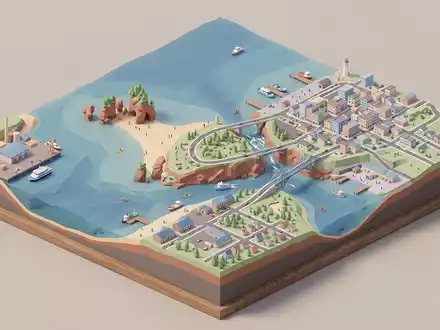 Isometrisches Diorama von Bay of Fundy und Umgebung in Saint John Kanada, verspielte Low-Poly-Kulisse in - Foto: THN