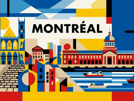 Bauhaus-Poster als geometrische Abstraktion von Altstadt Montreal in Montreal Kanada, kraeftige Grundfarben und harte Formkanten - Foto: THN