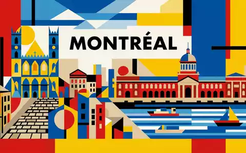 Bauhaus-Poster als geometrische Abstraktion von Altstadt Montreal in Montreal Kanada, kraeftige Grundfarben und harte Formkanten - Foto: THN