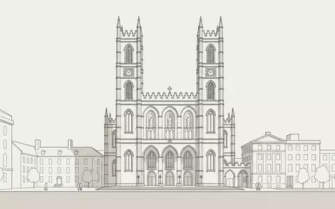 Moderner Architektur-Render zeigt Silhouette von Notre-Dame-Basilika Montreal in Montreal Kanada, klare Linien und neutrales Tageslicht - Foto: THN