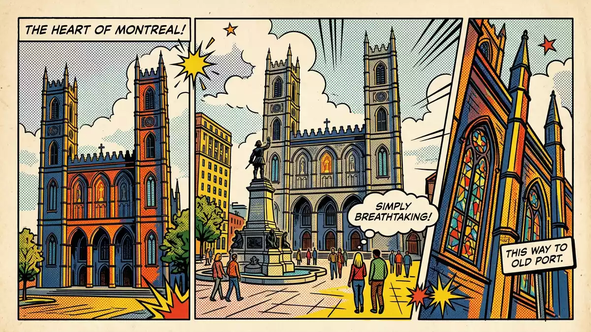 Pop-Art-Comic von Notre-Dame-Basilika Montreal in Montreal, Kanada mit Rasterpunkten