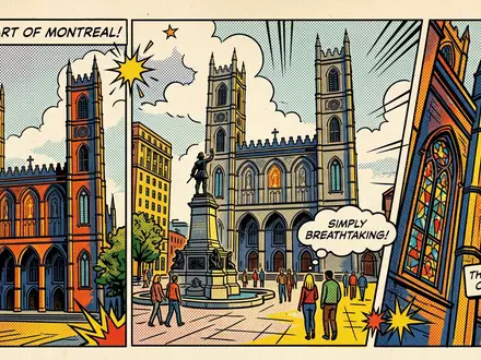 Pop-Art-Comicillustration des Wahrzeichens Notre-Dame-Basilika Montreal in Montreal Kanada, kraeftige Konturen Rasterpunkte und satte Farben - Foto: THN