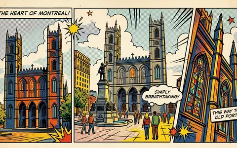 Pop-Art-Comicillustration des Wahrzeichens Notre-Dame-Basilika Montreal in Montreal Kanada, kraeftige Konturen Rasterpunkte und satte Farben - Foto: THN