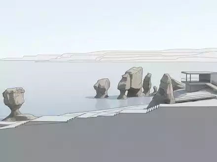 Moderner Architektur-Render zeigt Silhouette von Hopewell Rocks in Hopewell Cape Kanada, klare Linien und neutrales - Foto: THN