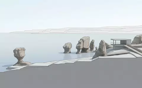 Moderner Architektur-Render zeigt Silhouette von Hopewell Rocks in Hopewell Cape Kanada, klare Linien und neutrales - Foto: THN