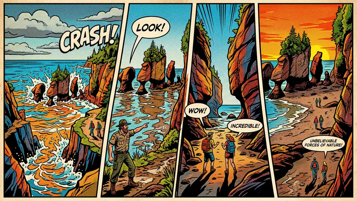 Pop-Art-Comic von Hopewell Rocks in Hopewell Cape, Kanada mit Rasterpunkten