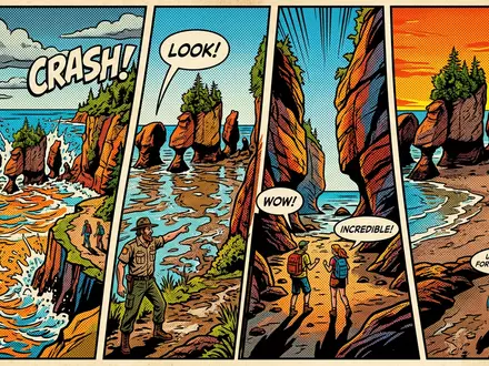 Pop-Art-Comicillustration des Wahrzeichens Hopewell Rocks in Hopewell Cape Kanada, kraeftige Konturen Rasterpunkte und satte Farben - Foto: THN