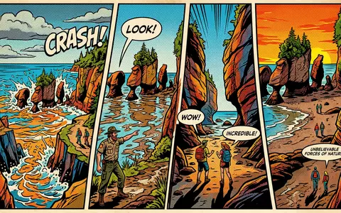Pop-Art-Comicillustration des Wahrzeichens Hopewell Rocks in Hopewell Cape Kanada, kraeftige Konturen Rasterpunkte und satte Farben - Foto: THN