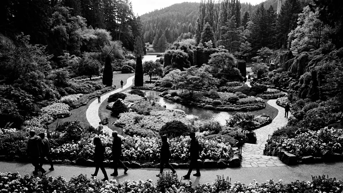 Schwarzweiss-Reportage vom Wahrzeichen Butchart Gardens in Brentwood Bay, Kanada