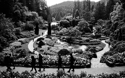 Schwarzweiss-Reportagebild vom Wahrzeichen Butchart Gardens in Brentwood Bay Kanada, dokumentarische Reisefotografie mit starken Kontrasten - Foto: THN
