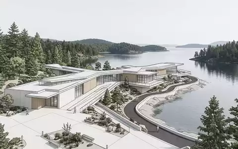 Moderner Architektur-Render zeigt Silhouette von Butchart Gardens in Brentwood Bay Kanada, klare Linien und neutrales - Foto: THN