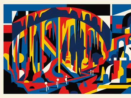 Bauhaus-Poster als geometrische Abstraktion von Cueva de Nerja in Nerja Spanien, kraeftige Grundfarben und harte - Foto: THN