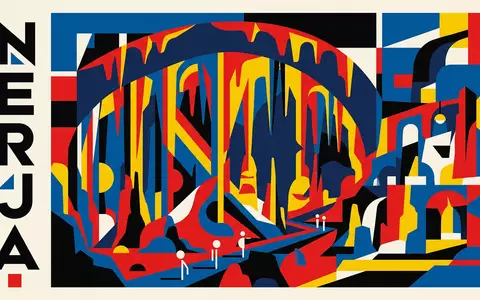 Bauhaus-Poster als geometrische Abstraktion von Cueva de Nerja in Nerja Spanien, kraeftige Grundfarben und harte - Foto: THN