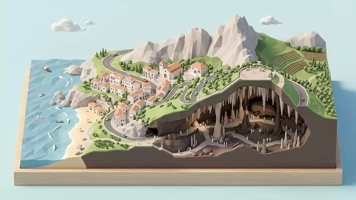 Isometrisches Diorama von Cueva de Nerja in Nerja, Spanien in Pastell