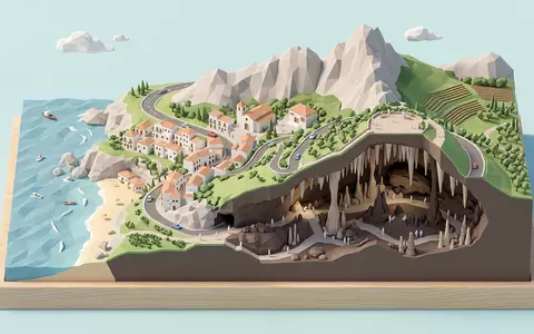 Isometrisches Diorama von Cueva de Nerja und Umgebung in Nerja Spanien, verspielte Low-Poly-Kulisse in Pastellfarben - Foto: THN