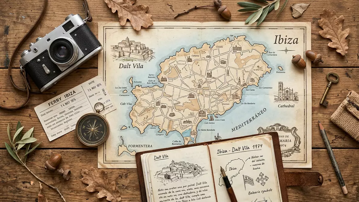 Flatlay-Reise-Arrangement rund um Altstadt Ibiza in Ibiza, Spanien