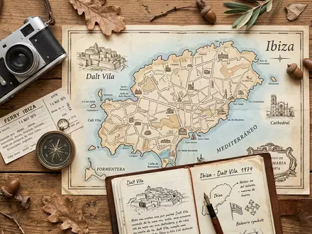 Flatlay-Reise-Arrangement rund um Altstadt Ibiza in Ibiza Spanien, Karte Kompass Kamera und generische Reiserequisiten - Foto: THN