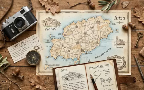 Flatlay-Reise-Arrangement rund um Altstadt Ibiza in Ibiza Spanien, Karte Kompass Kamera und generische Reiserequisiten - Foto: THN