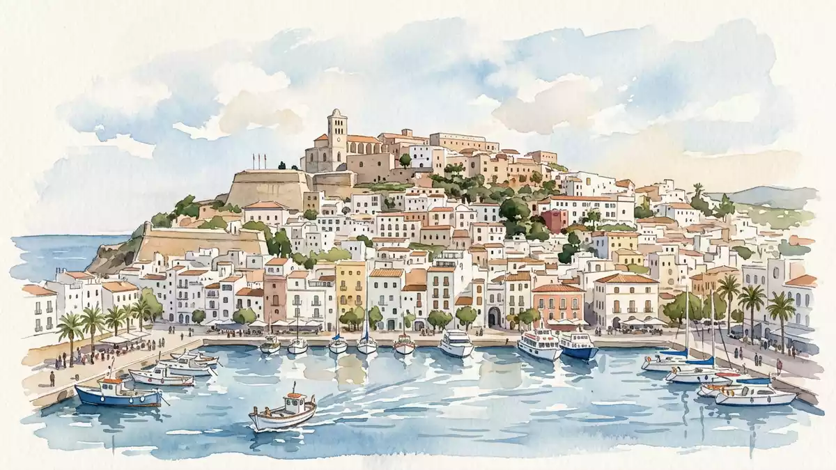 Aquarell-Illustration von Altstadt Ibiza in Ibiza, Spanien als Reiseposter