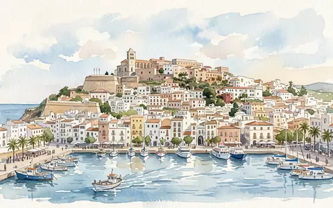 Aquarellillustration des Wahrzeichens Altstadt Ibiza in Ibiza Spanien, weiche Farbverläufe und pastelliges Reiseposter-Feeling - Foto: THN