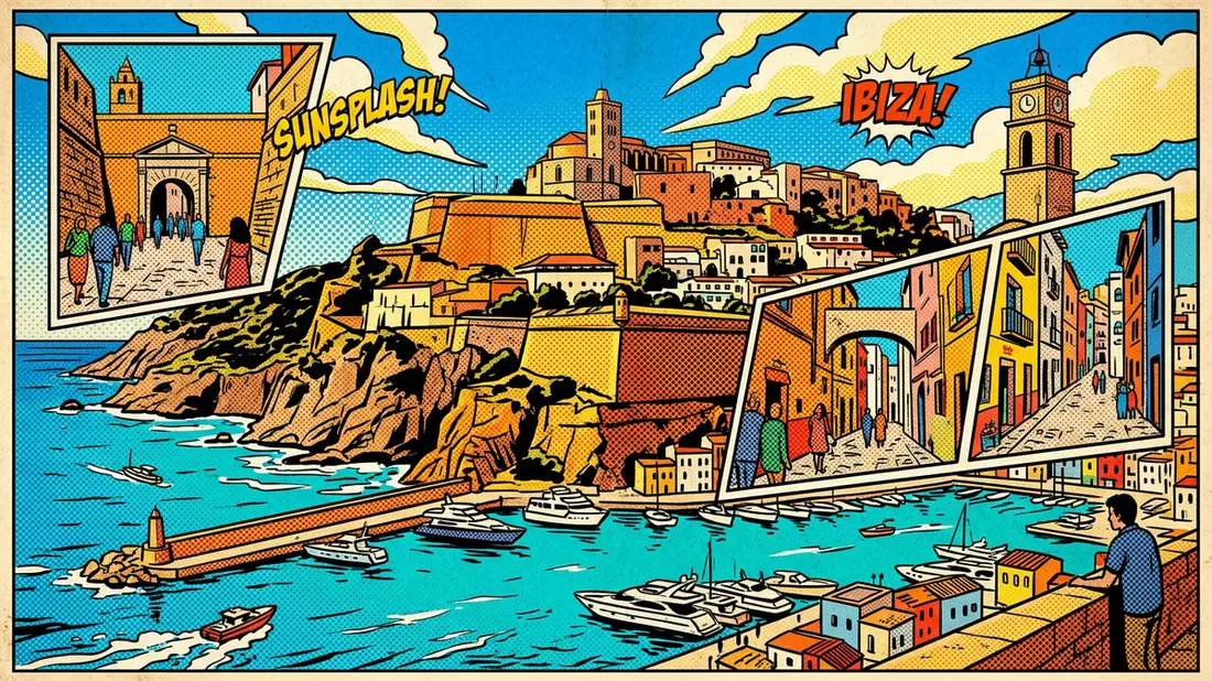 Pop-Art-Comic von Altstadt Ibiza in Ibiza, Spanien mit Rasterpunkten