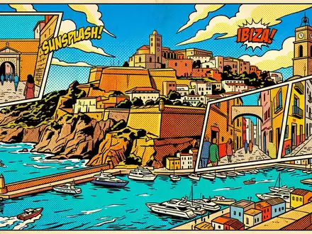 Pop-Art-Comicillustration des Wahrzeichens Altstadt Ibiza in Ibiza Spanien, kraeftige Konturen Rasterpunkte und satte Farben - Foto: THN