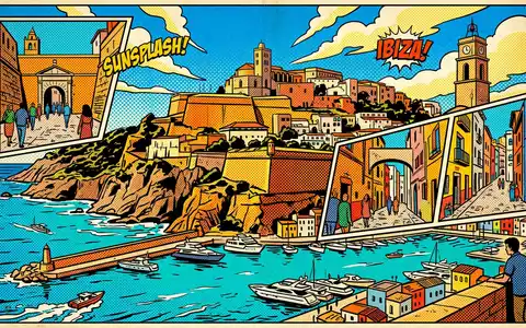 Pop-Art-Comicillustration des Wahrzeichens Altstadt Ibiza in Ibiza Spanien, kraeftige Konturen Rasterpunkte und satte Farben - Foto: THN