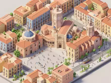 Isometrisches Diorama von Kathedrale von Valencia und Umgebung in Valencia Spanien, verspielte Low-Poly-Kulisse in Pastellfarben - Foto: THN