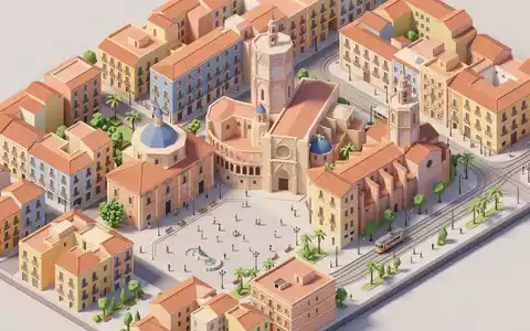 Isometrisches Diorama von Kathedrale von Valencia und Umgebung in Valencia Spanien, verspielte Low-Poly-Kulisse in Pastellfarben - Foto: THN