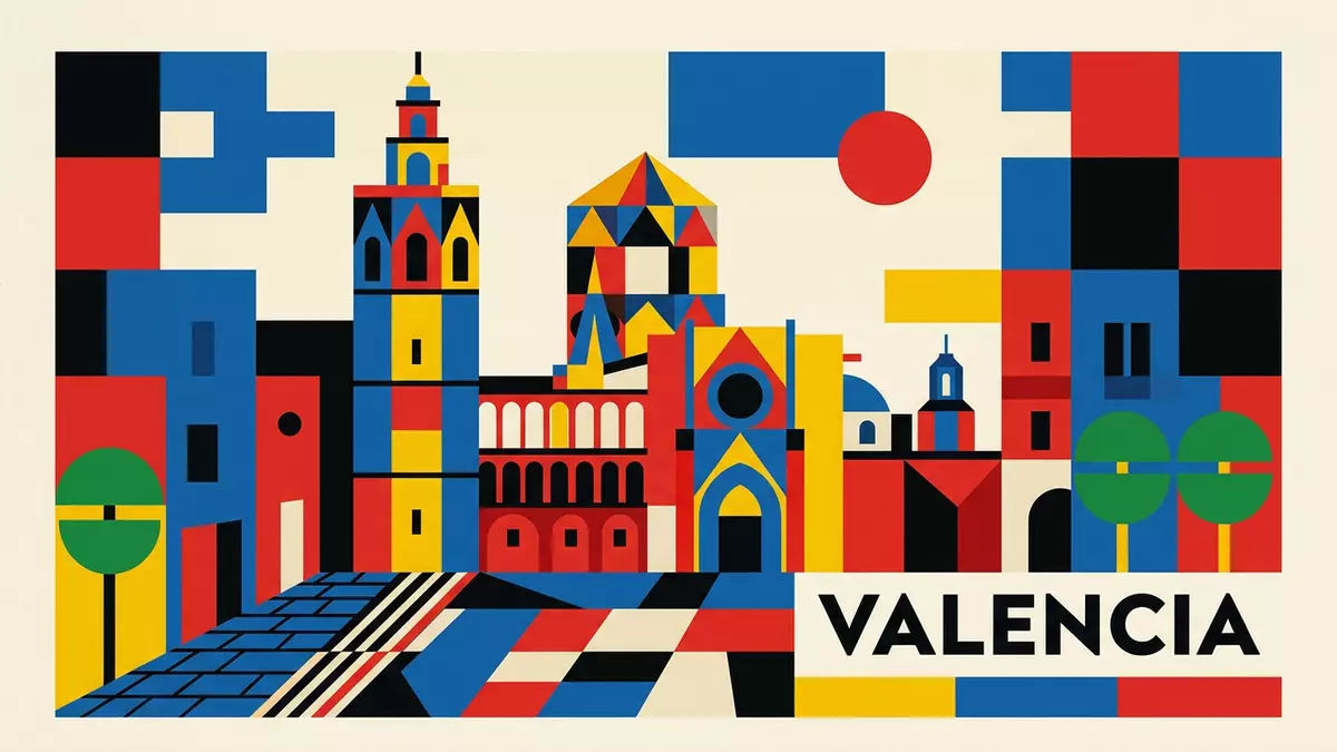 Bauhaus-Poster als Abstraktion von Kathedrale von Valencia in Valencia, Spanien