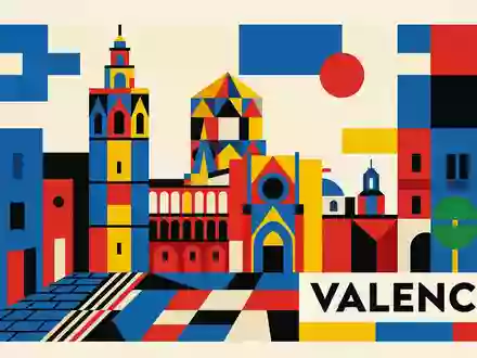 Bauhaus-Poster als geometrische Abstraktion von Kathedrale von Valencia in Valencia Spanien, kraeftige Grundfarben und harte - Foto: THN