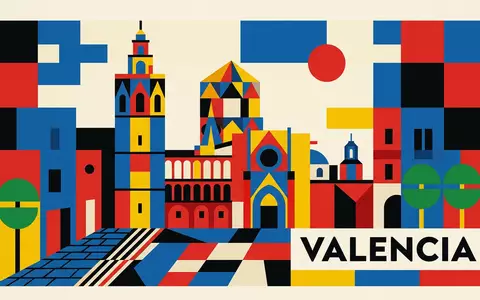 Bauhaus-Poster als geometrische Abstraktion von Kathedrale von Valencia in Valencia Spanien, kraeftige Grundfarben und harte - Foto: THN