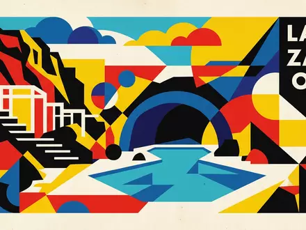 Bauhaus-Poster als geometrische Abstraktion von Jameos del Agua in Lanzarote Spanien, kraeftige Grundfarben und harte - Foto: THN