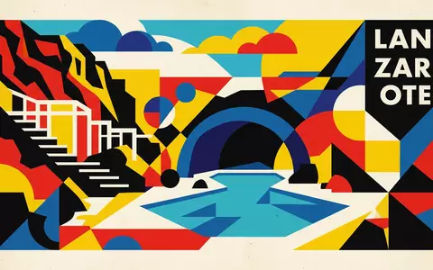 Bauhaus-Poster als geometrische Abstraktion von Jameos del Agua in Lanzarote Spanien, kraeftige Grundfarben und harte - Foto: THN