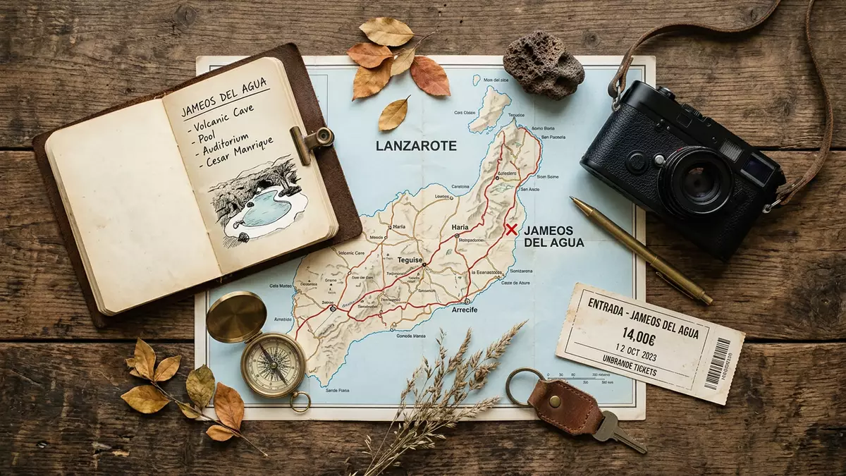 Flatlay-Reise-Arrangement rund um Jameos del Agua in Lanzarote, Spanien