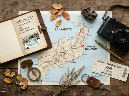 Flatlay-Reise-Arrangement rund um Jameos del Agua in Lanzarote Spanien, Karte Kompass Kamera und generische Reiserequisiten - Foto: THN
