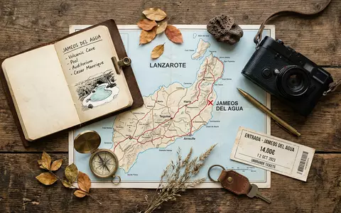 Flatlay-Reise-Arrangement rund um Jameos del Agua in Lanzarote Spanien, Karte Kompass Kamera und generische Reiserequisiten - Foto: THN