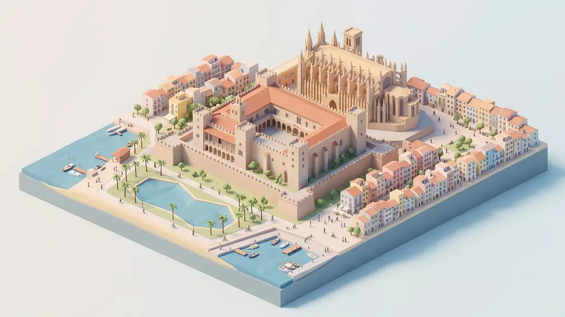 Isometrisches Diorama von Palast Almudaina in Palma, Spanien in Pastell