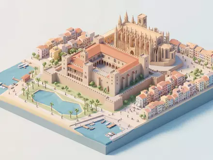 Isometrisches Diorama von Palast Almudaina und Umgebung in Palma Spanien, verspielte Low-Poly-Kulisse in Pastellfarben - Foto: THN