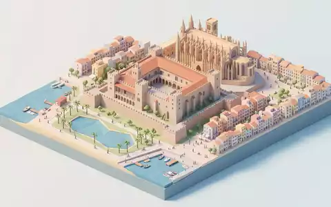 Isometrisches Diorama von Palast Almudaina und Umgebung in Palma Spanien, verspielte Low-Poly-Kulisse in Pastellfarben - Foto: THN