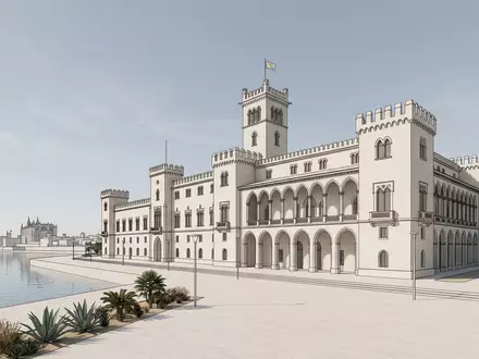 Moderner Architektur-Render zeigt Silhouette von Palast Almudaina in Palma Spanien, klare Linien und neutrales Tageslicht - Foto: THN