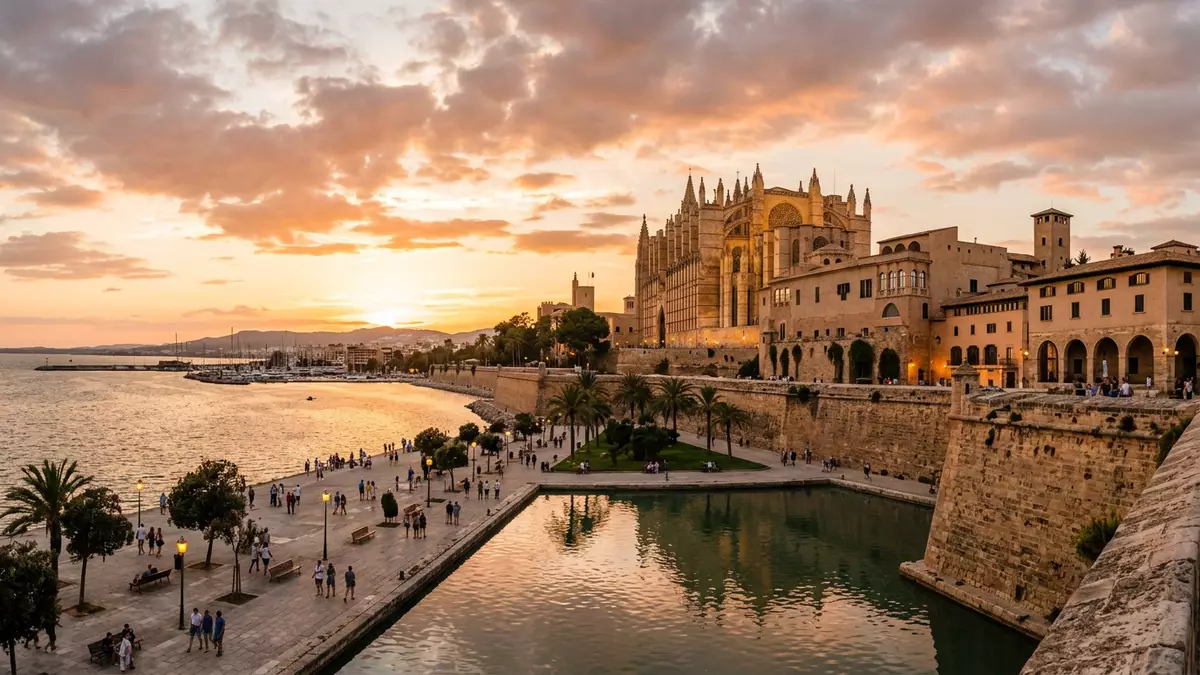 Fotorealistische Ansicht von Palast Almudaina in Palma, Spanien im Abendlicht