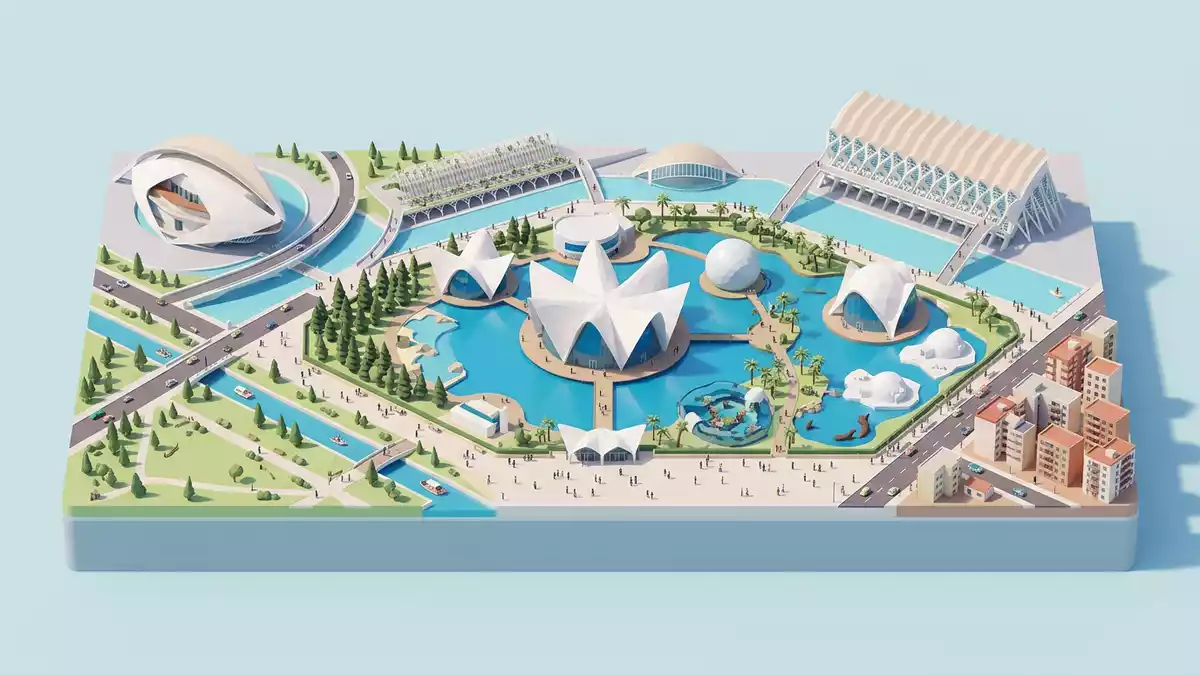 Isometrisches Diorama von Oceanografic Valencia in Valencia, Spanien in Pastell