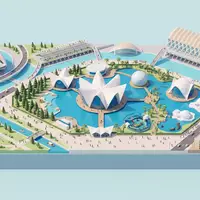 Isometrisches Diorama von Oceanografic Valencia und Umgebung in Valencia Spanien, verspielte Low-Poly-Kulisse in Pastellfarben - Foto: THN
