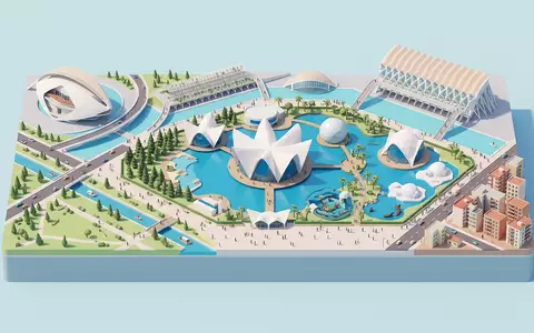 Isometrisches Diorama von Oceanografic Valencia und Umgebung in Valencia Spanien, verspielte Low-Poly-Kulisse in Pastellfarben - Foto: THN
