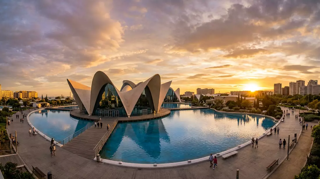 Fotorealistische Ansicht von Oceanografic Valencia in Valencia, Spanien im Abendlicht
