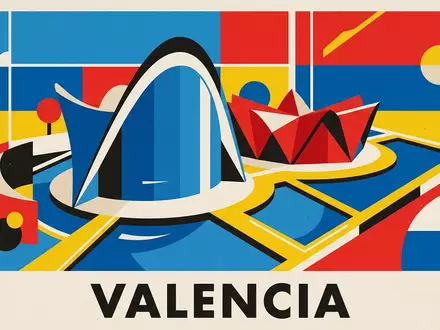 Bauhaus-Poster als geometrische Abstraktion von Oceanografic Valencia in Valencia Spanien, kraeftige Grundfarben und harte Formkanten - Foto: THN
