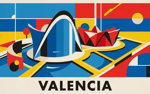 Bauhaus-Poster als geometrische Abstraktion von Oceanografic Valencia in Valencia Spanien, kraeftige Grundfarben und harte Formkanten - Foto: THN