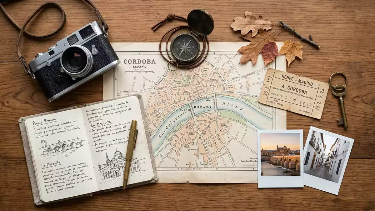 Flatlay-Reise-Arrangement rund um Romische Brucke Cordoba in Cordoba, Spanien
