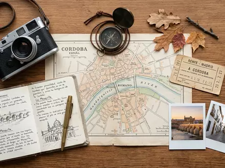 Flatlay-Reise-Arrangement rund um Romische Brucke Cordoba in Cordoba Spanien, Karte Kompass Kamera und generische Reiserequisiten - Foto: THN